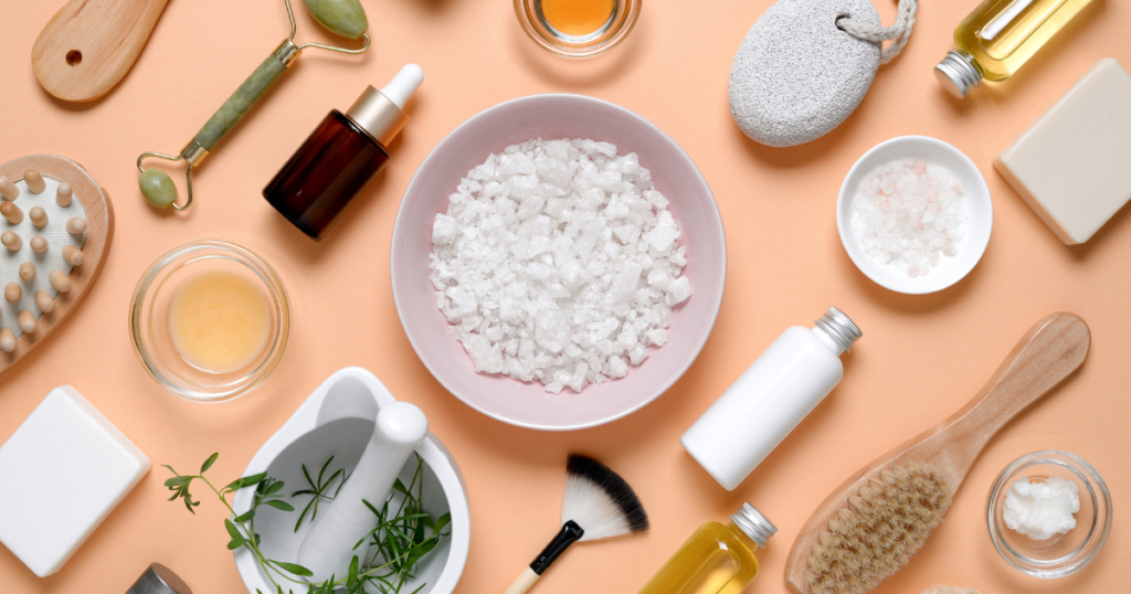Clean beauty flat lay highlighting Safer Beauty Bill Package and dermatology care at Viva Eve.